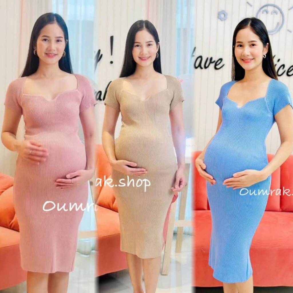 AA4392 ชุดเดรสคลุมท้อง ผ้าไหมพรมร่อง