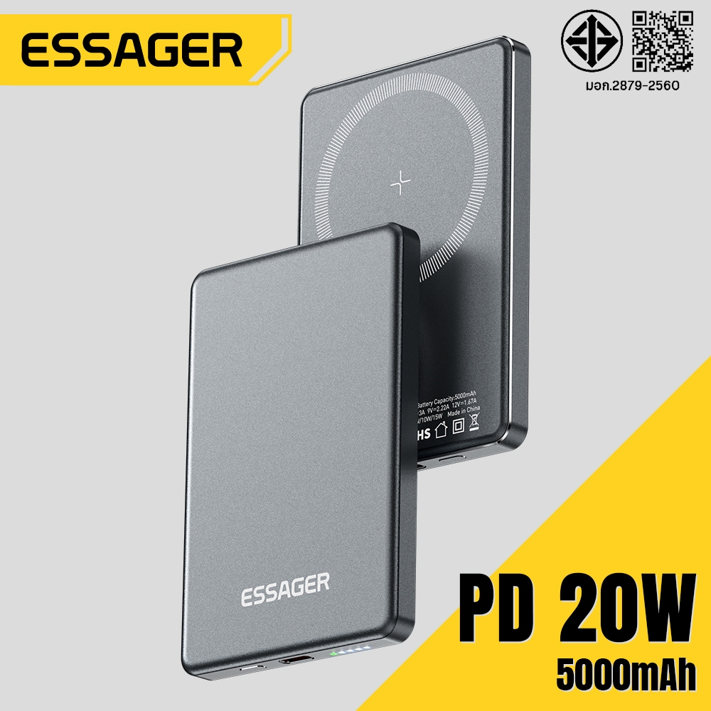 Essager 5000mah 15W เครื่องชาร์จไร้สายพาวเวอร์แบงค์แม่เหล็ก Type-C PD20W 18W แบตเตอรี LED แบบบางพิเศษ