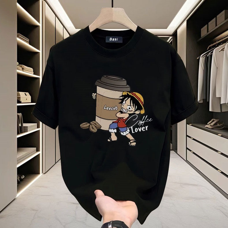 Basi  พร้อมส่ง! oversize unisex สกรีนด้านหน้า ลาย One Piece Luffy ผ้าคอตตอน 100% เสื้อสตรีท เสื้ออนิเมะ คอกลม ใส่สบาย