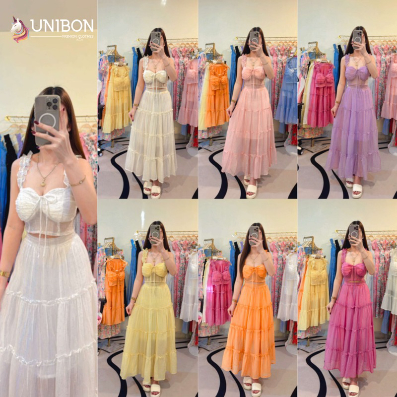 N13 ชุดเซทกระโปรงผ้าใยไหมมีเพชรวิบวับ เสื้อครอปแขนระบาย+กระโปรงมีซิปข้าง ใส่เที่ยวทะเล เที่ยวเขา สวยมากจ้า
