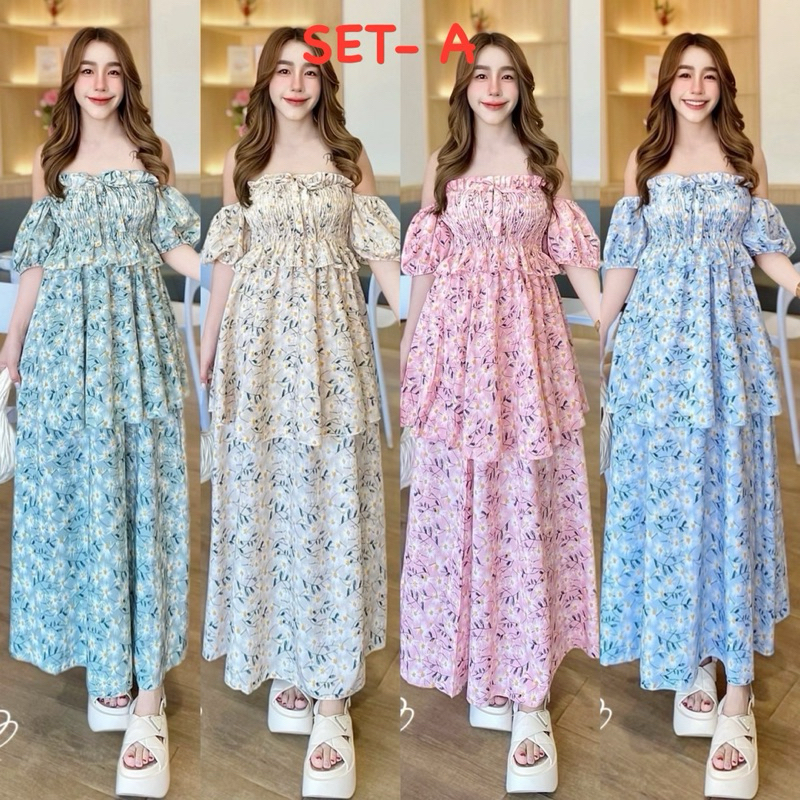 ชุดเซ็ตกระโปรง ลายดอก #kookkai15 ✁ฟรีไซส์〻อก 32-40" ยาว16”เอว 24-32" สะโพก 40" ยาว 43-44”