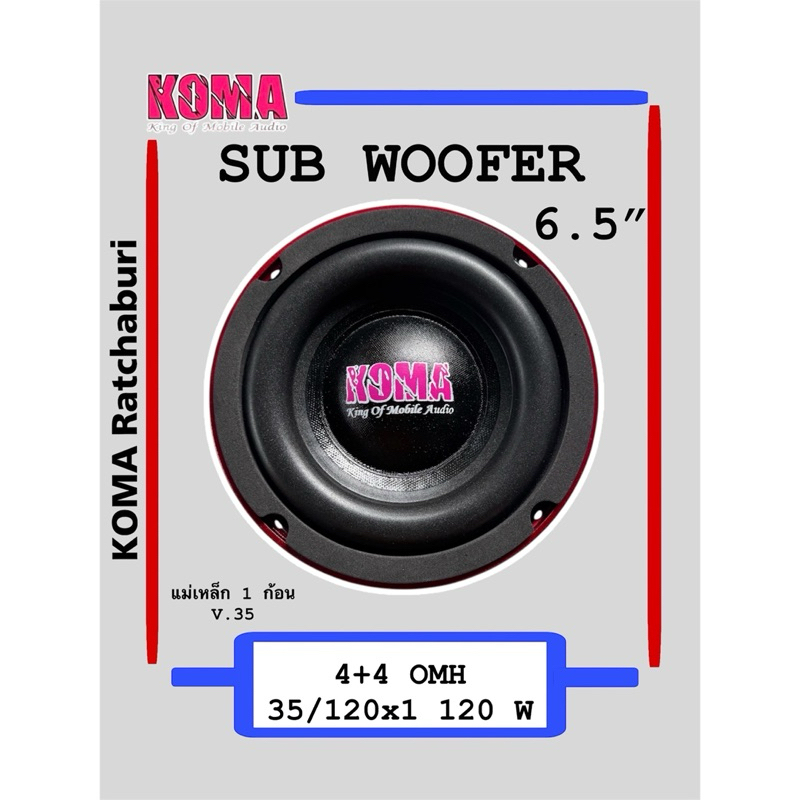 ดอกลำโพงซับ koma 6.5 นิ้ว ว้อยคู่ 4+4 Ohms. 120W โครงหล่อสีแดง ของแท้ (ราคาต่อ 1 ดอก) ของแท้ 100%