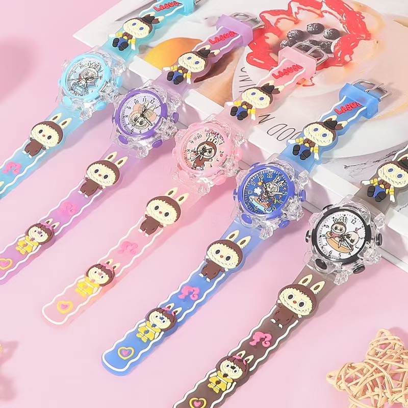 นาฬิกาเด็ก นาฬิกาข้อมือเข็มนังเรียนรุ่นเปิดไฟได้ สายยาง ลายลาบูบู้ แถมถ่านเพิ่ม1เม็ด