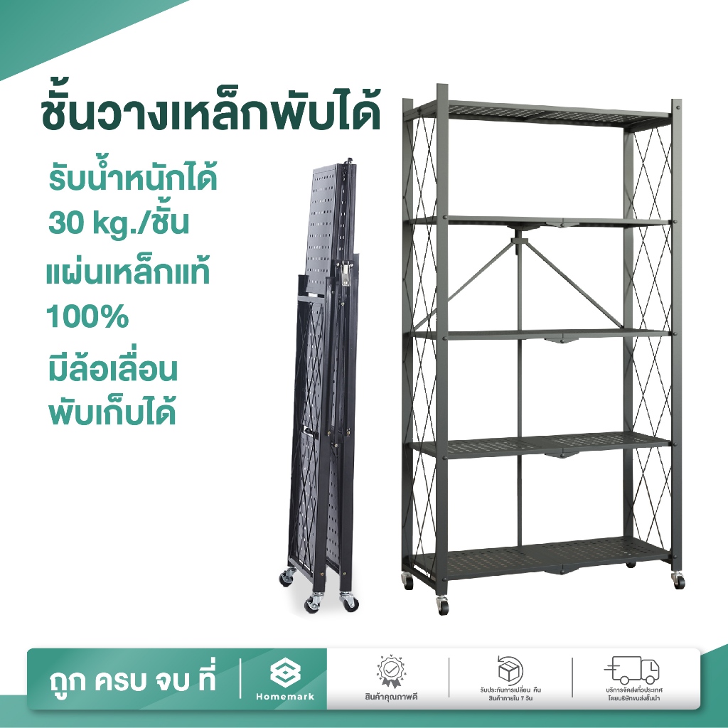 Homemark ชั้นวางของ พับได้ [แถมล้อ] 3/4/5ชั้น ตั้งเครื่องใช้ไฟฟ้า หนังสือ วางในครัว มีล้อเลื่อน ล้อเข็น ไม่ต้องประกอบ