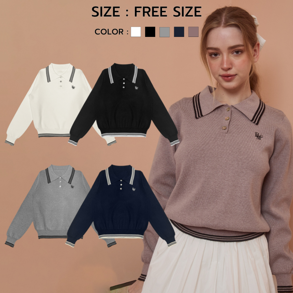 Bemingtop851(Free Size)-BMG Knit Sweater Ver.33 เสื้อไหมพรมแขนยาว คอปกสุดน่ารัก ด้วยแถบสีดำ