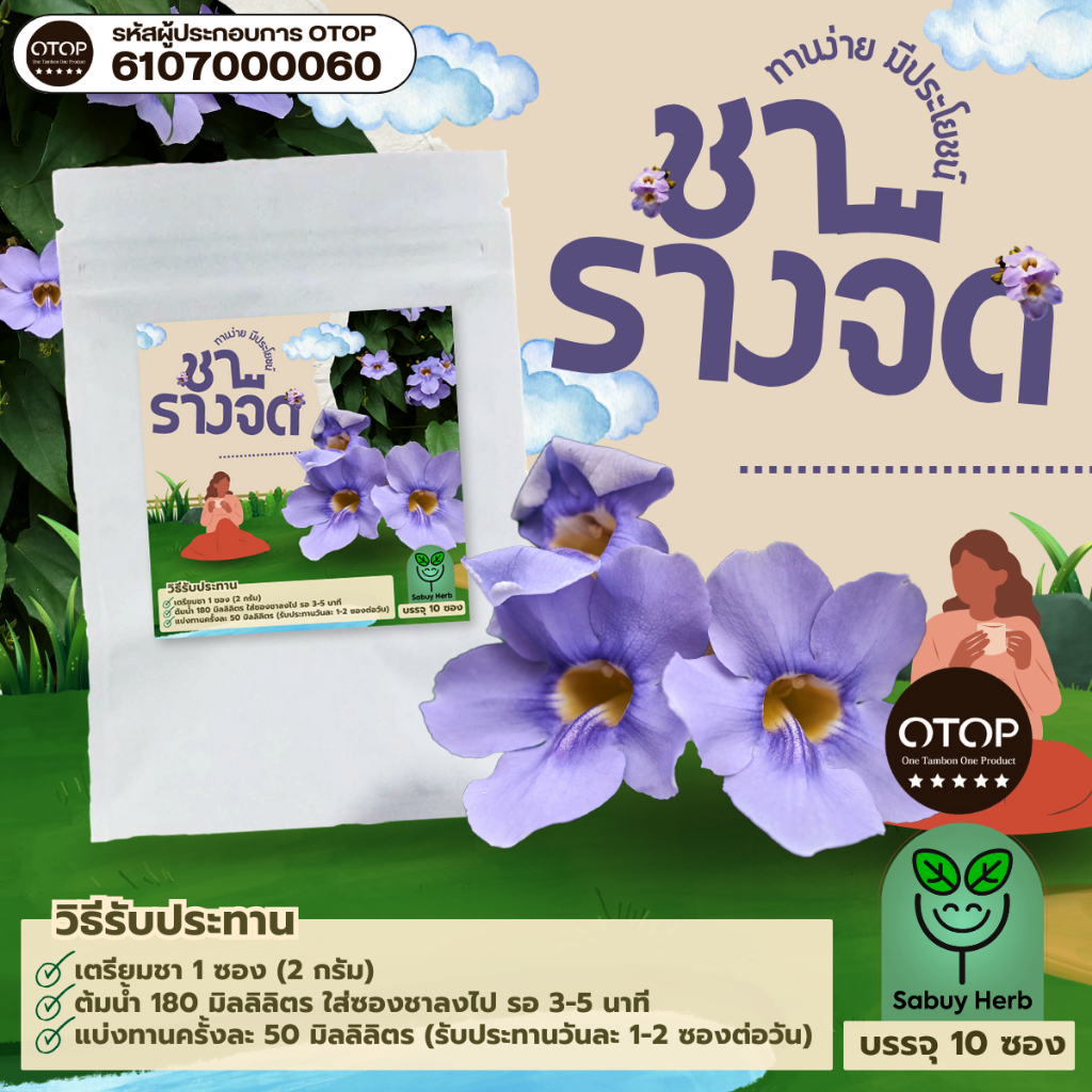 🔥ออกใบกำกับภาษีได้📌 ชารางจืด แบบซองแช่ ไม่มีน้ำตาล (สินค้าOTOP) (1 ห่อ 10 ซองชา)