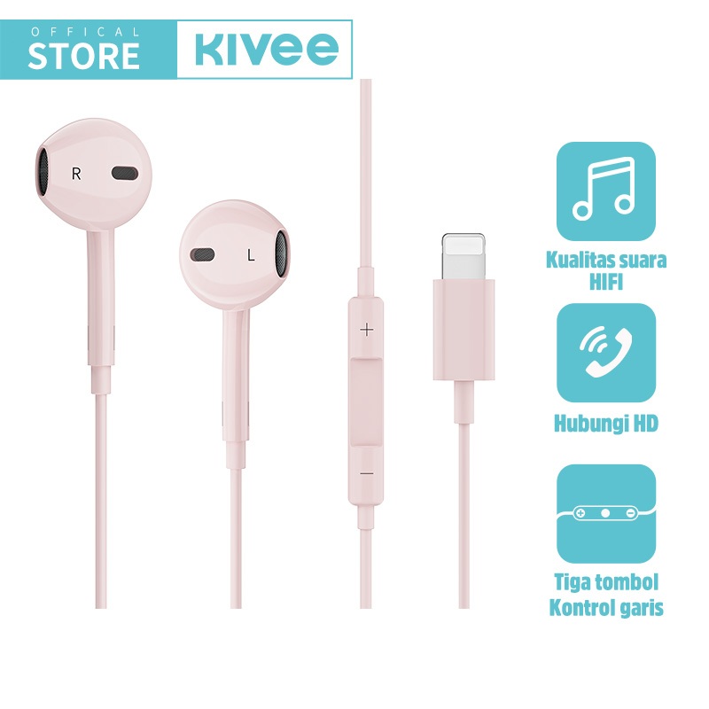KIVEE หูฟังมีสาย หูฟังอินเอียร์ สีชมพู สำหรับ ios มีปุ่มควบคุมเสียง ไมค์ในตัว