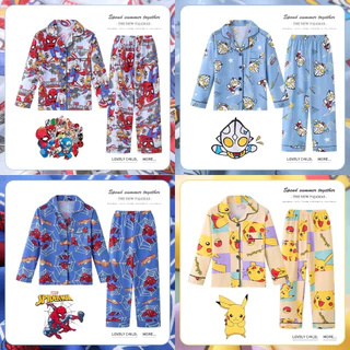 (พร้อมส่ง) ชุดนอนเด็ก 95-150 ซม. คอปก กระดุม มีกระเป๋าหน้า ชุดนอนเด็กผู้ชาย ชุดนอนเด็กโต เด็กผู้หญิง