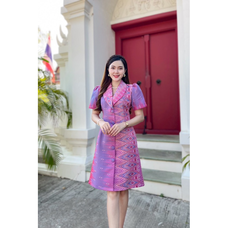 เดรสคอปกกระดุมหน้าจริง ผ้าฝ้ายทอลายอัดกาวทั้งชุด - รูปที่ 3