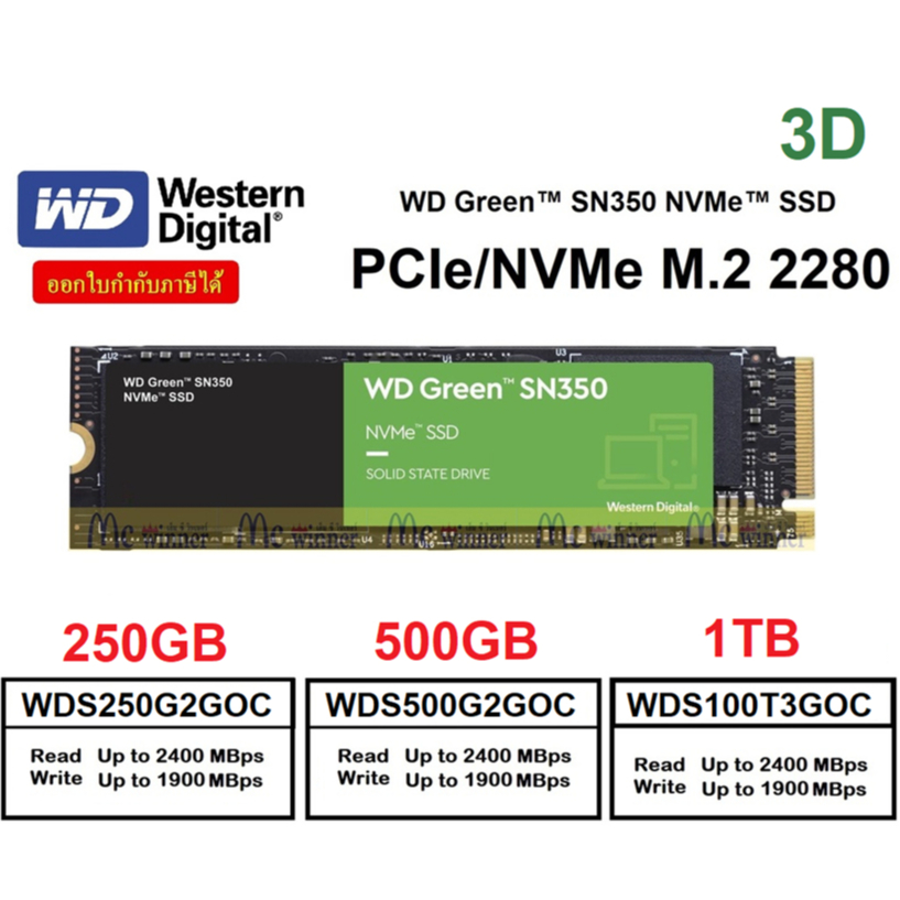 WD GREEN-3D SN350 250GB | 500GB | 1TB SSD (เอสเอสดี)PCIe/NVMe M.2 2280- ประกัน 3 ปี