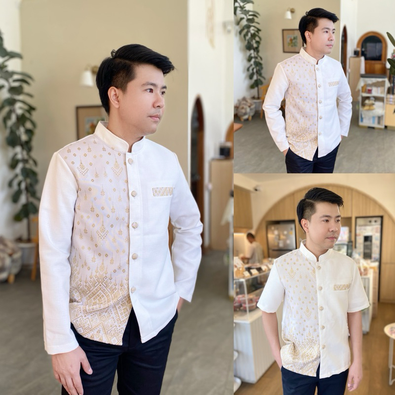 เสื้อเชิ้ตผ้าไทยผู้ชาย (สีขาวครึ่วตัว) : ทรงพระราชทาน เสื้อเชิ้ตคอจีน ทรงสวย ชุดใส่ทำงานผู้ชาย ชุดใส่ออกงานผู้ชาย