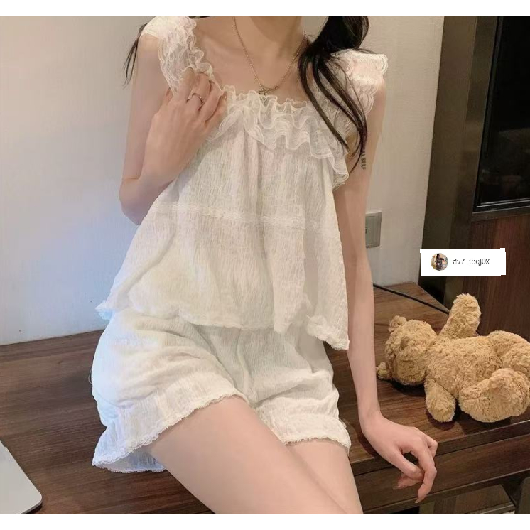 (ราคาถูกที่สุด) ชุดนอนผ้าฝ้ายลายเมฆ， ชุดนอน 2 ชิ้น， สดชื่นและน่ารัก， ขาสั้น+เสื้อกล้าม，M-2XL