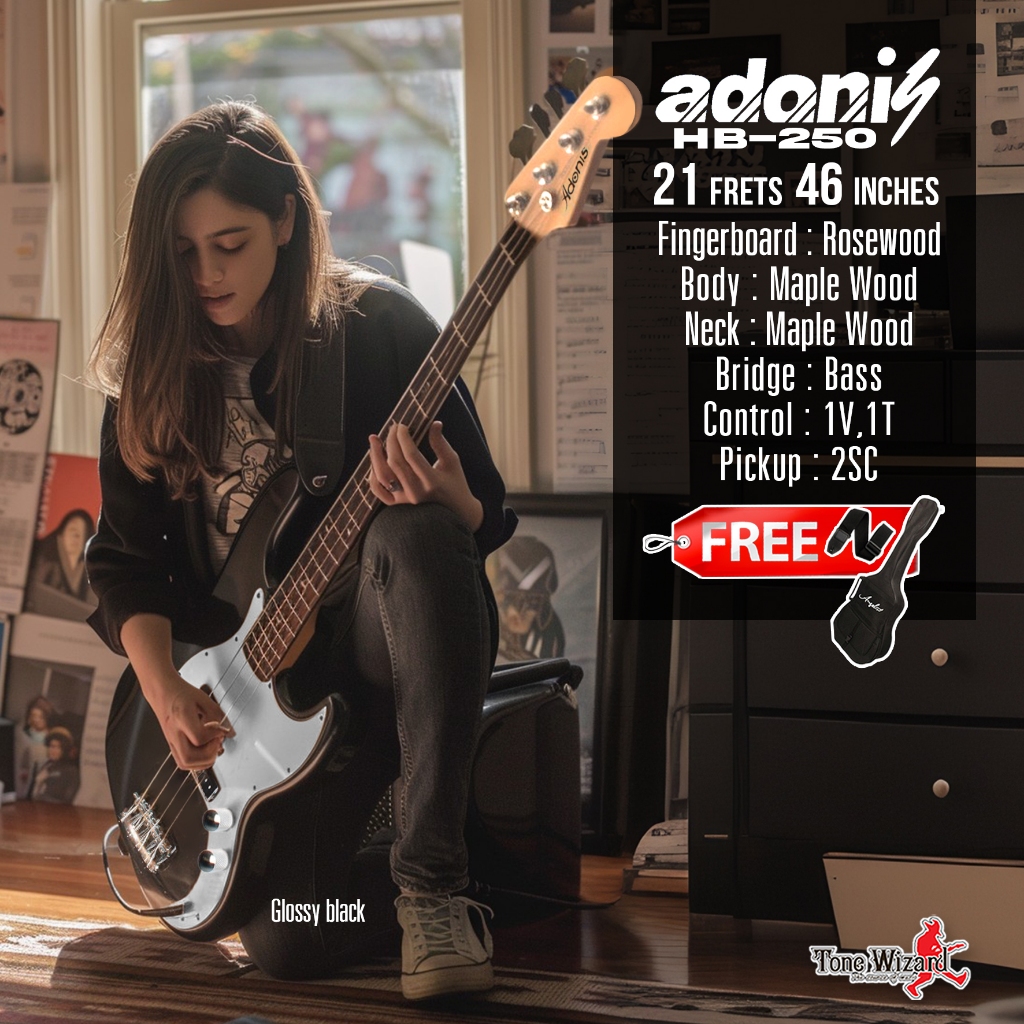 ADONIS กีตาร์ เบส 4 สาย Bass Guitar 4St21F46 1V1T2SC HB-250 BK2 (แถมฟรี!!! กระเป๋าเบส/สายสะพาย) (520