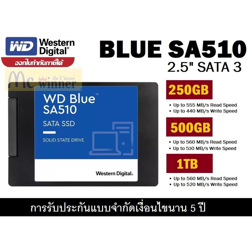 WD BLUE SA510 - 2.5" 250GB | 500GB | 1TB SSD (เอสเอสดี)SATA-ของแท้ ประกัน 5 ปี Synnex