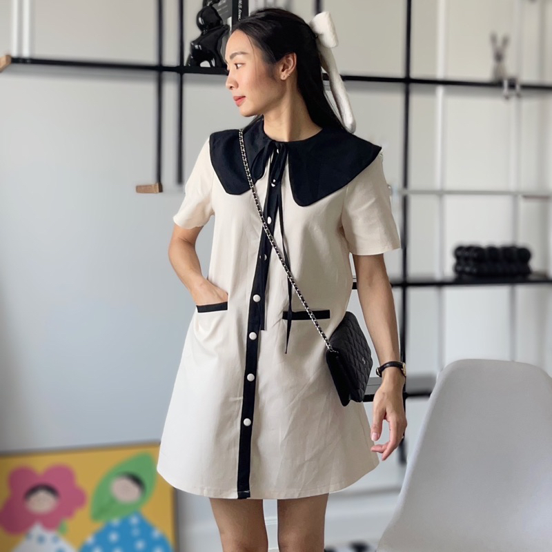 CHAWY พร้อมส่ง🥙🥟🍪  TWOTONE minimal dress C3234มินิเดรสสั้น มินิเดรสสั้นมินิมอล