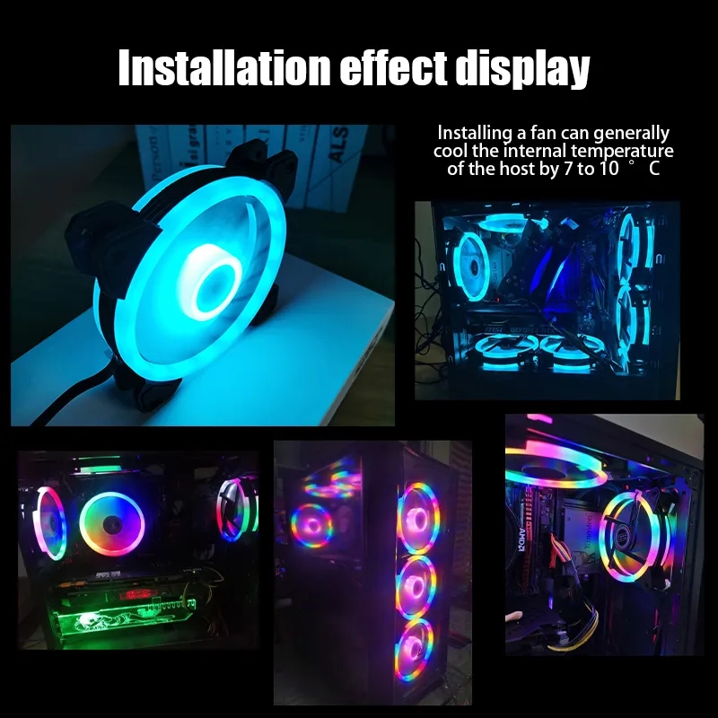 พัดลมคอม RGB 12V พัดลมระบายความร้อน 12cm Dual Ring RGB Cooling Fan พัดลมเคส พัดลมคอมพิวเตอร์ แสงสะท้อนสีสันสดใส