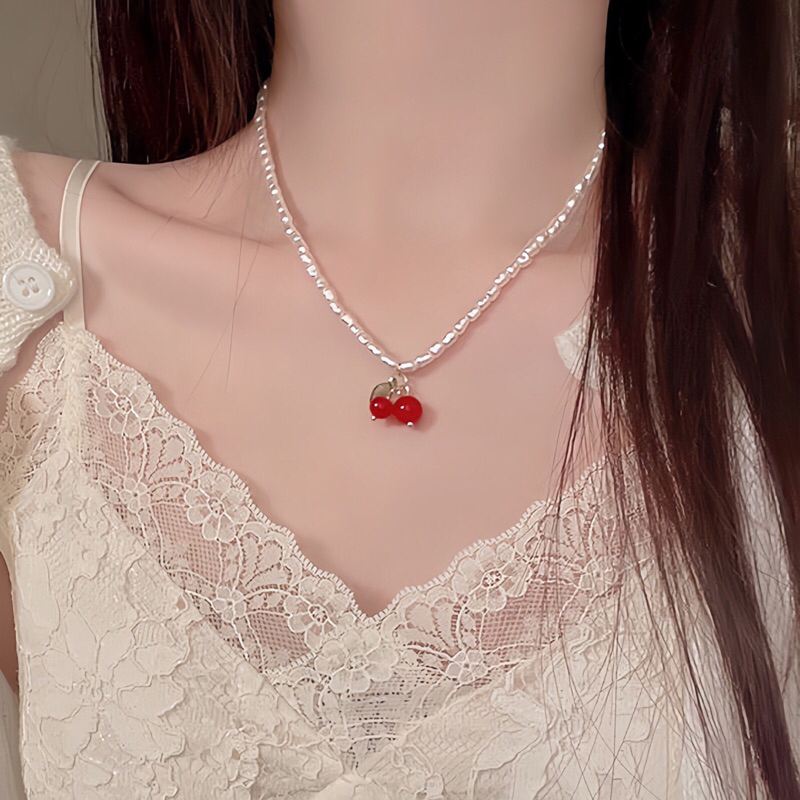 PSS สร้อยคอมุก จี้เชอร์รี่สีแดง สร้อยมุก