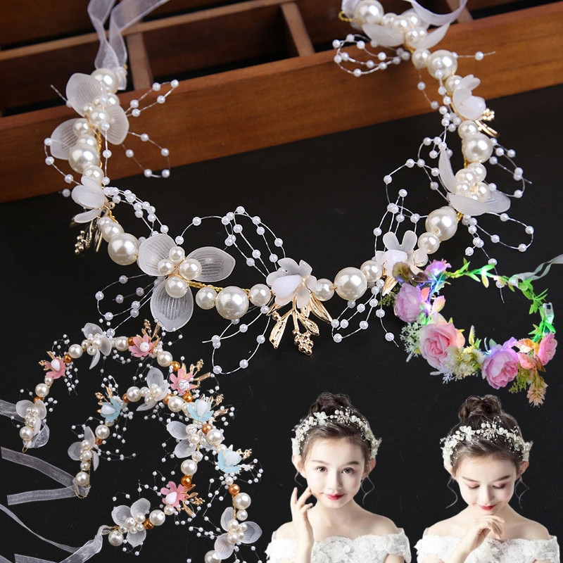 พร้อมส่ง ที่คาดผม มงกุฎดอกไม้ ริบบิ้น ประดับไข่มุก สไตล์เจ้าหญิง เครื่องประดับผม งานเลี้ยงวันเกิด