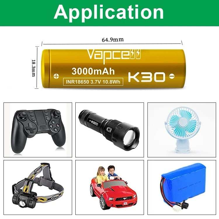 (แท้100%) ถ่านชาร์จ 18650 Vapcell K30 สีทอง 3000mAh 15A/30A