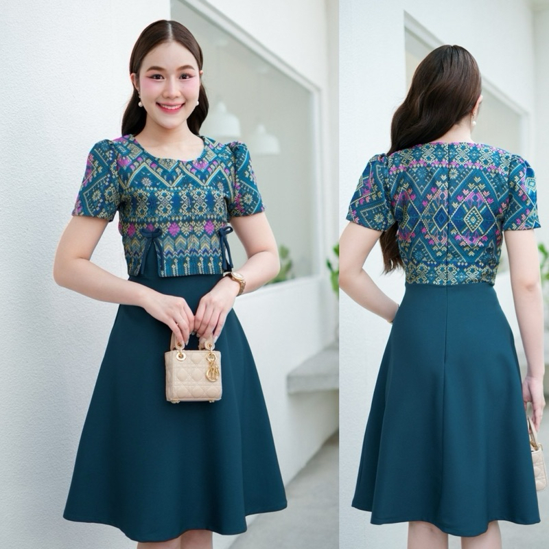 ส่ง 2-4วันชุดผ้าทออัดกาว ลายไทย น่ารักๆ คู่กับกระโปรงบาร์บี้ สวย สดใส เสื้อผ้า ผู้หญิง Women Lady Clothing Dress เดรส - รูปที่ 6