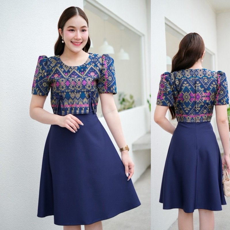 ส่ง 2-4วันชุดผ้าทออัดกาว ลายไทย น่ารักๆ คู่กับกระโปรงบาร์บี้ สวย สดใส เสื้อผ้า ผู้หญิง Women Lady Clothing Dress เดรส - รูปที่ 7