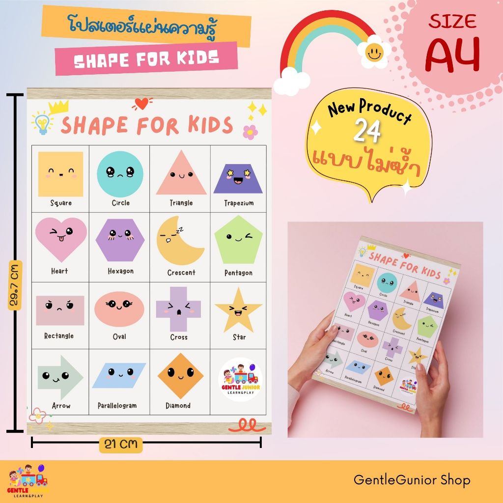 NEW! แผ่นความรู้ หมวด รูปร่างต่างๆ และอีก 24 แบบ! สำหรับเด็กๆ ขนาด A4 สื่อการสอนหัดอ่านเสริมพัฒนาการ