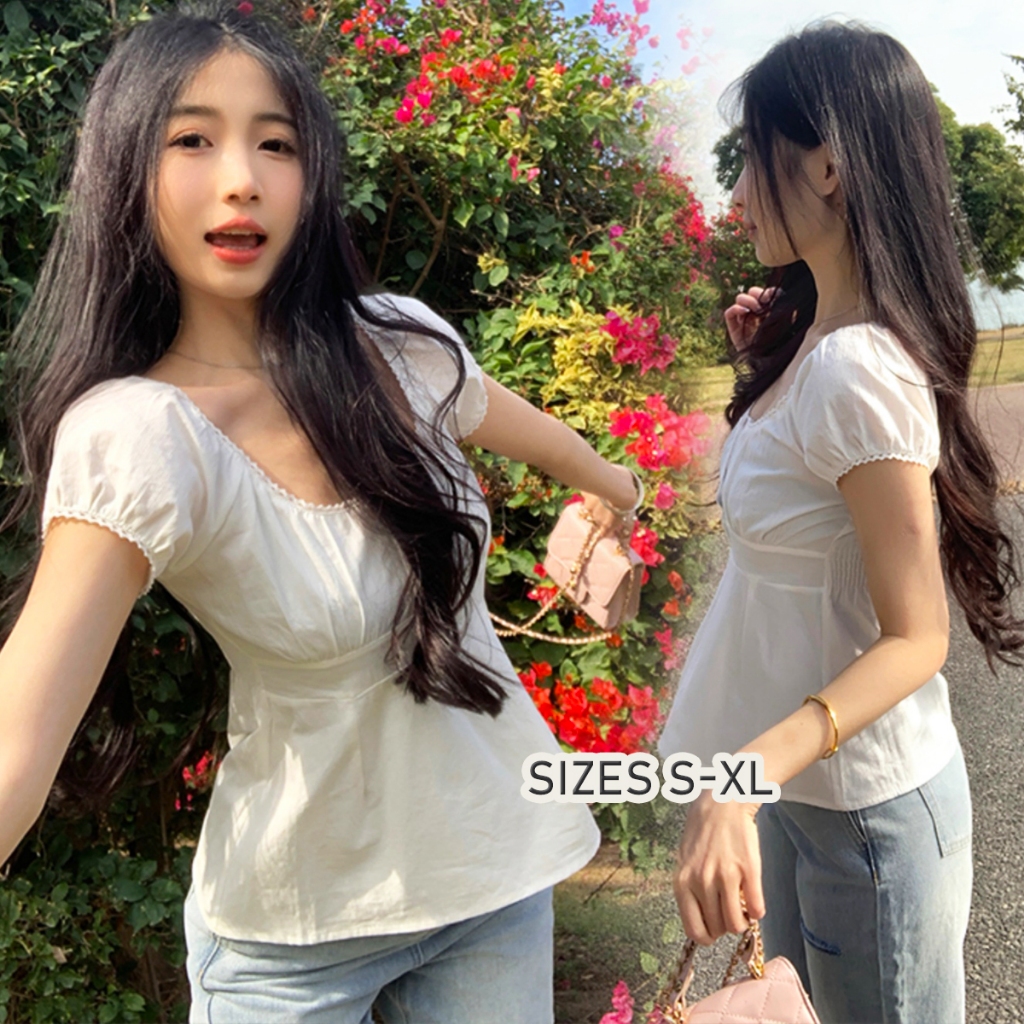 KOKO#เสื้อเบลาส์ผู้หญิง แต่งจีบ ลายลูกไม้ แต่งกระดุมหน้า สีพื้น สไตล์ลำลอง เสื้อเอวลอย เข้ารูป#W489