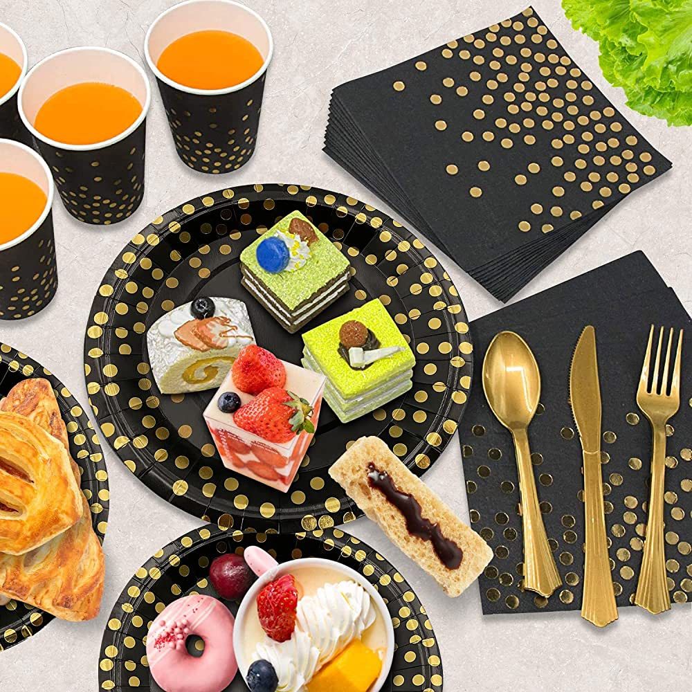 เซ็ทปาร์ตี้วันเกิด Gold Spreaded Polka Dot แก้ว - จานกระดาษ ทิชชู่ Birthday Party Paper Table Set Plate Napkin Cup