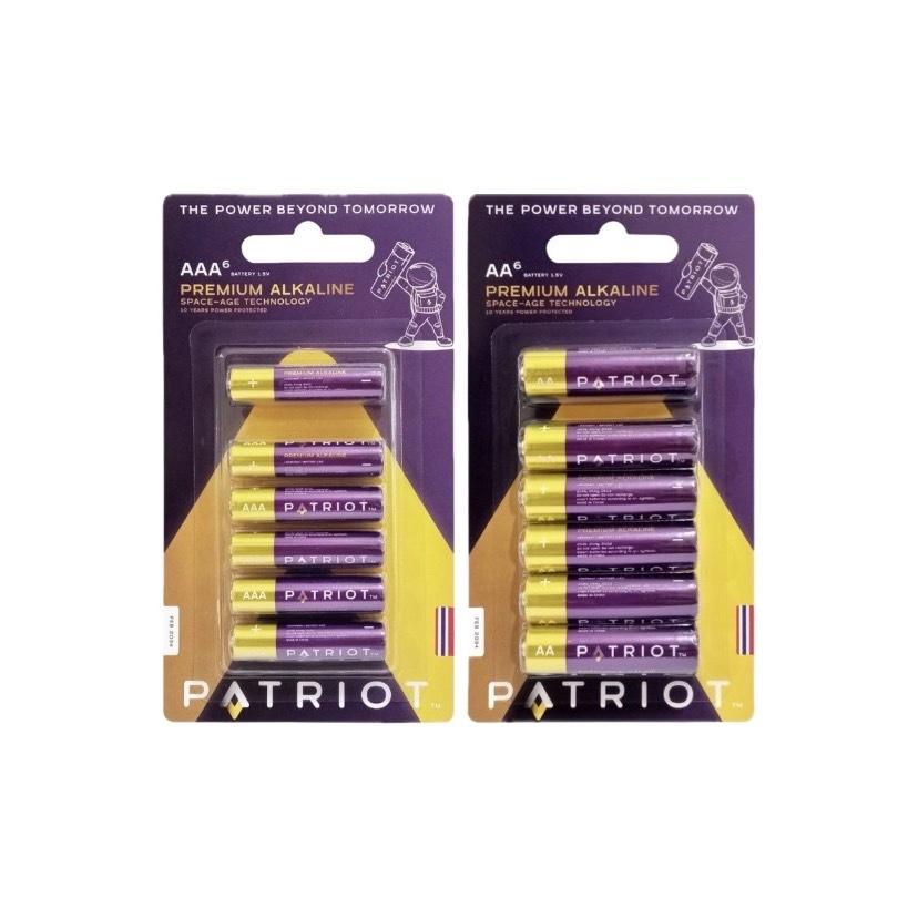 ถ่าน Patriot  Premium Alkaline ขนาด  AA, AAA 1.5V แพ็ก 6 ก้อน The Power Beyond Tomorrow ถ่านม่วงทอง 