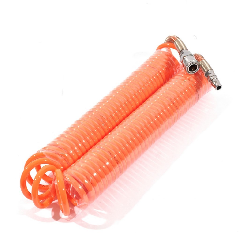 POLO สายลมสปริงPU ขนาด 5X8 มิล ยาว 6-15 เมตร พร้อมข้อต่อ ทนแรงดัน 10 บาร์ สายลมPU แบบขด สายลมม้วน เห