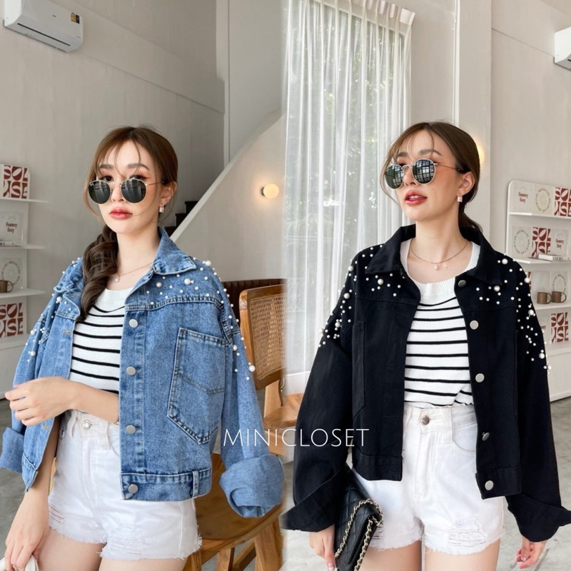 minicloset แจ็คเก็ตผ้ายีนส์ตกแต่งตอกอะไหล่มุกแน่น