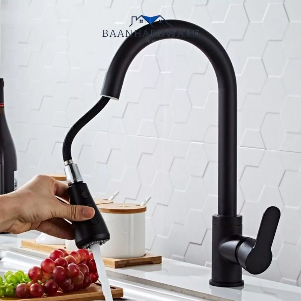 BAANHARDWARE ก๊อกซิงค์น้ำผสม ก๊อกอ่างล้างจาน หัวฝักบัวสเปร์โยกได้360หมุนได้ ก๊อกน้ำห้องครัวมัลติฟังก์ชั่น MA-B-005