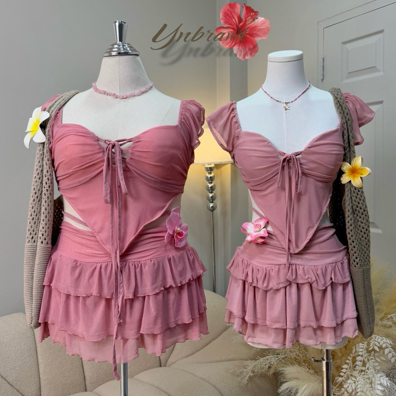 Samy Set สองชิ้นเสื้อแขนระบายสานอกกระโปรงผูกเอว YN(B29)