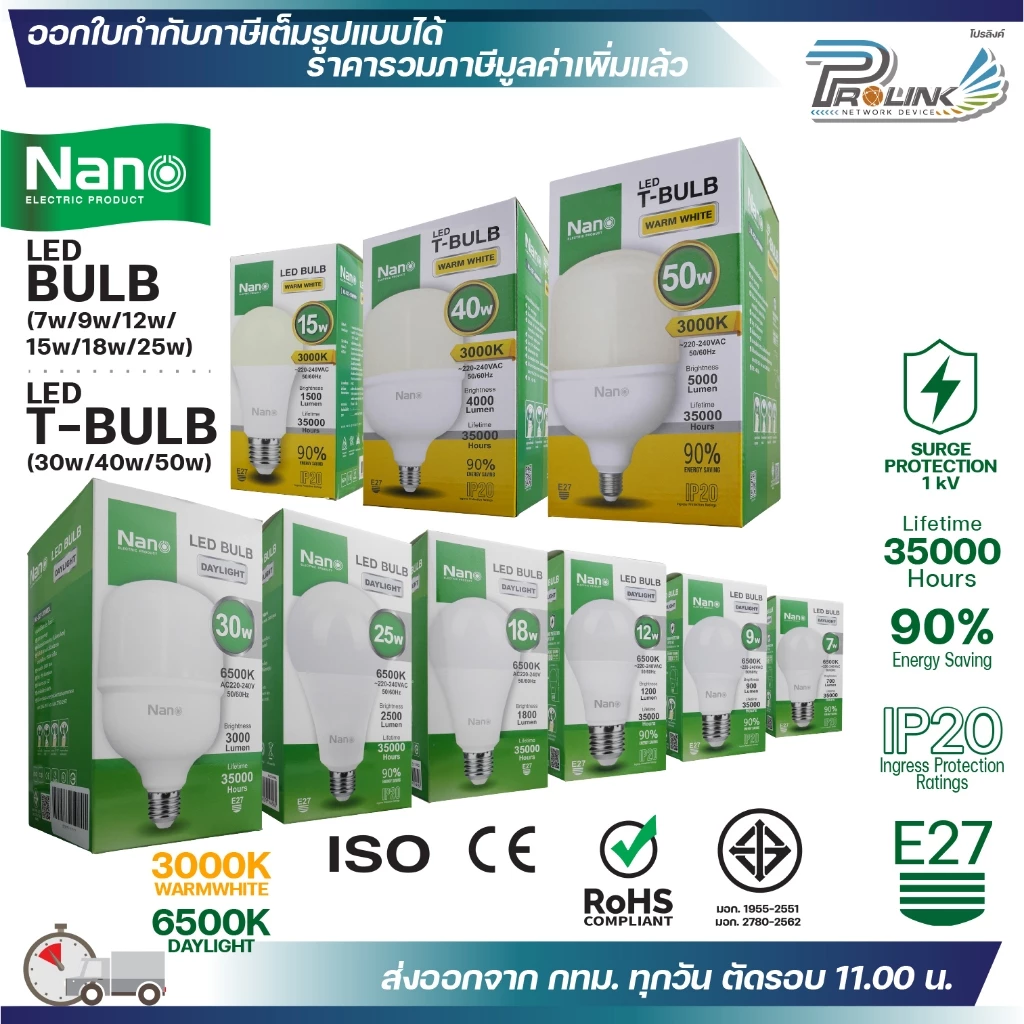 NANO หลอดไฟ LED Bulb ขั้ว E27 แสงขาว แสงเหลือง 7W 9W 12W 15W 18W 25W 30W 40W 50W รุ่น NL-E27 WDL WWW