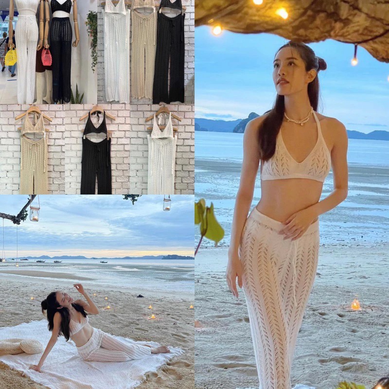 💜ชุดเซต+กางเกงขายาวซีทรูถักไหมพรม ชุดเซทคลุมบิกินี่ไปทะเล CN-21253