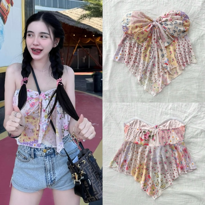 เสื้อเกาะอกสีพาสเทลพริ้วๆสุดน่ารัก