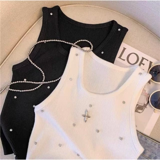 (พร้อมส่ง/ใหม่#80001-1) เสื้อสายเดี่ยวแขนกุดผ้าถัก เสื้อสตรีไหมพรม เสื้อกล้ามผู้หญิงประดับเพชรเก๋ไก๋สไตล์เกาหลี