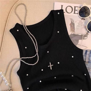 (พร้อมส่ง/ใหม่#80001-1) เสื้อสายเดี่ยวแขนกุดผ้าถัก เสื้อสตรีไหมพรม เสื้อกล้ามผู้หญิงประดับเพชรเก๋ไก๋สไตล์เกาหลี