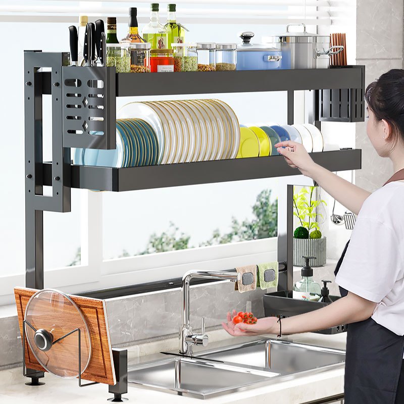 ชั้นวางจานสแตนเลส 2ชั้น65/75/85/95/105/125ซม สแตนเลสเคลือบสีดำ ที่วางจานชามที่ค่ำจานชามคร่อมอ่างล้างจาน ชั้นวางของในครัว