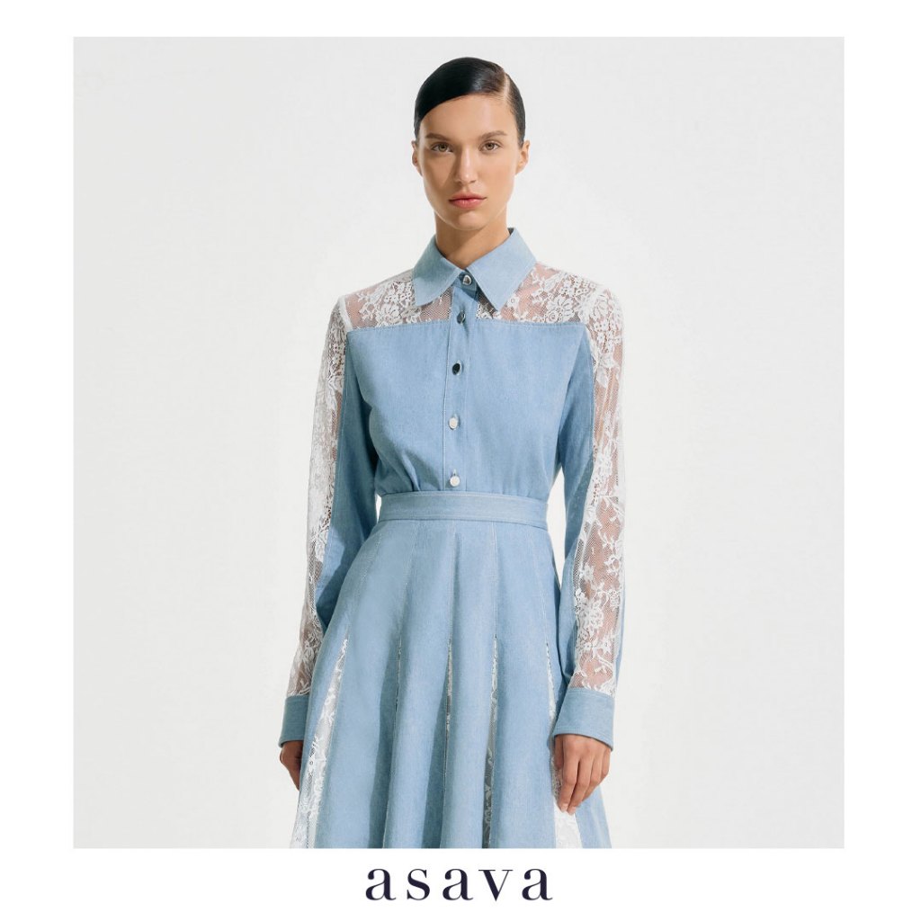 [asava ss25] Hayden Denim Lace Shirt เสื้อเชิ้ตผู้หญิง แขนยาว แต่งกระดุมหน้า ชายเสื้อโค้ง ผ้าเดนิมตั