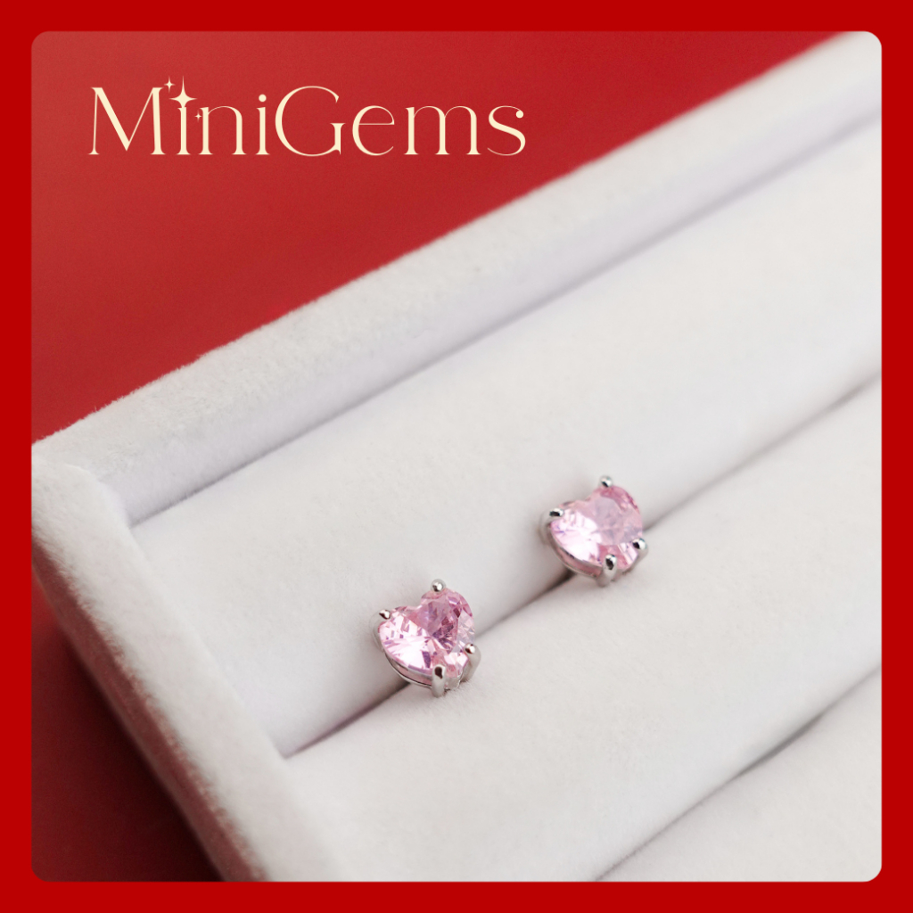 Mini Gems ต่างหูเพชรสวิส CZ ต่างหูเงินแท้ 92.5 เพชรหัวใจ สีชมพู ต่างหูหัวใจ 5mm