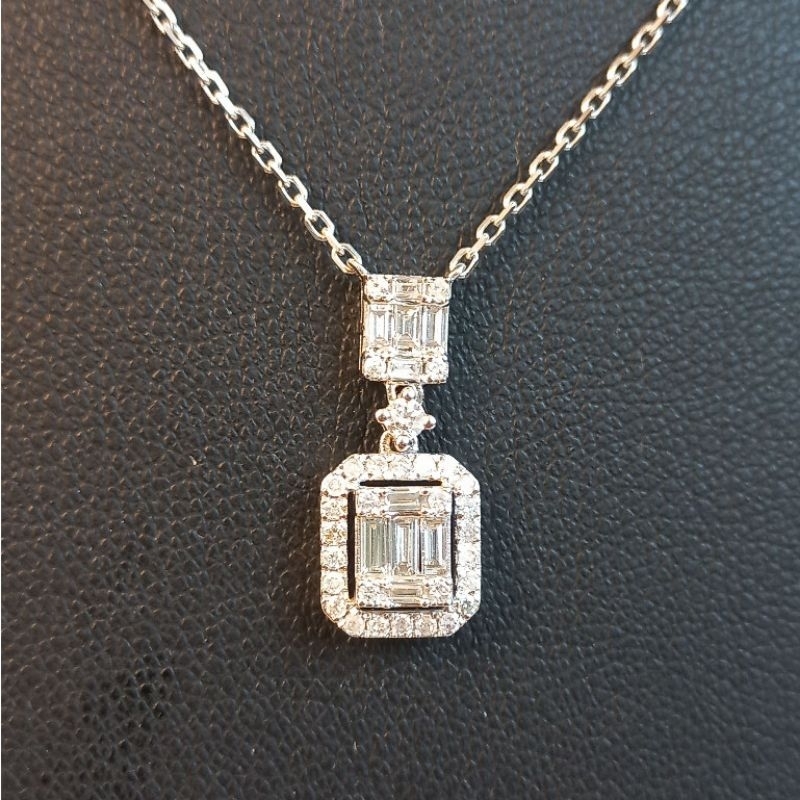เพรชแท้​ ทองแท้💎💎สร้อยคอพร้อมจี้เพชรบาเก็ต​ 2ชั้น​ 0.60 ct.ตัวเรือนทองคำขาว​ 9k​(ความยาว​ 16​cm.)​