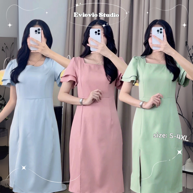 【S-4XL】 เดรสออกงานสุภาพ แขนเลเยอร์ สีพื้น เดรสทำงาน ชุดใส่งานแต่ง งานบุญ สำหรับสาวอวบ พลัสไซซ์