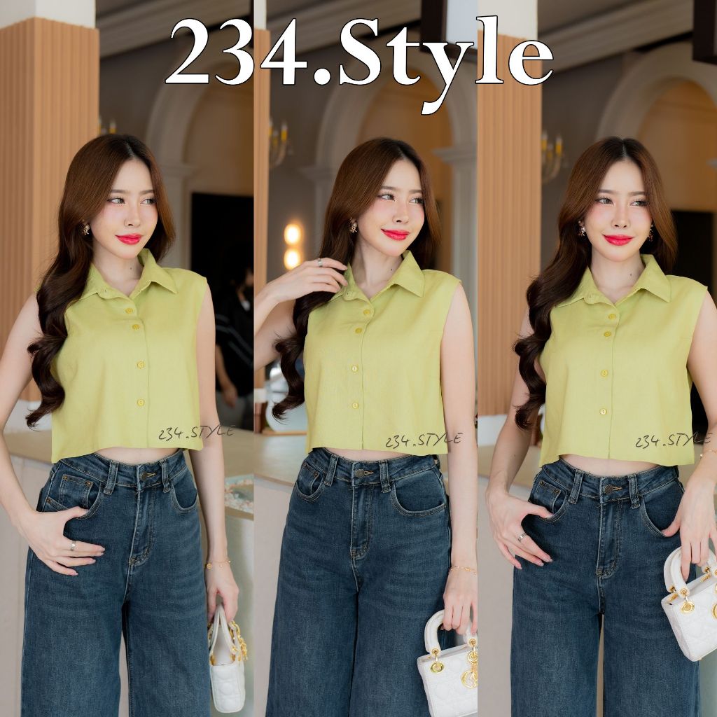 SSL02 เสื้อเชิ้ตผู้หญิงแขนกุดคอปก กระดุม ผ้าลินิน สีสด ซัมเมอร์ ใส่สบาย