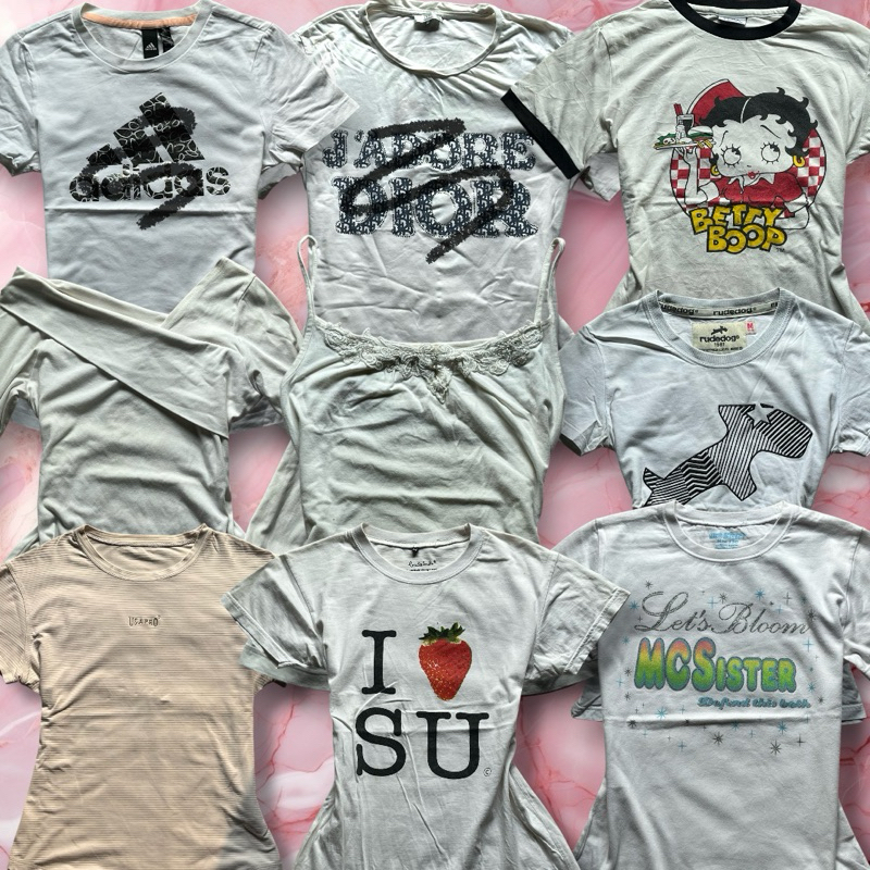 ┆ 🎀  ‹ Lot 1 22/02 › เสื้อยืดเบบี้ที/รัดรูปมือสอง งานแบรนด์ coquette y2k โทนขาว ‧  ⟢  ິ   𓈒ֺּׅ‿◞ ྀི