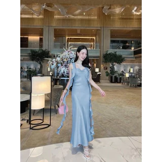 ชุดราตรีออกงาน เดรสยาว แต่งระบายเกลียวยาว งานมีซับใน ผ้าซาตินเงาเนื้ออย่างดี