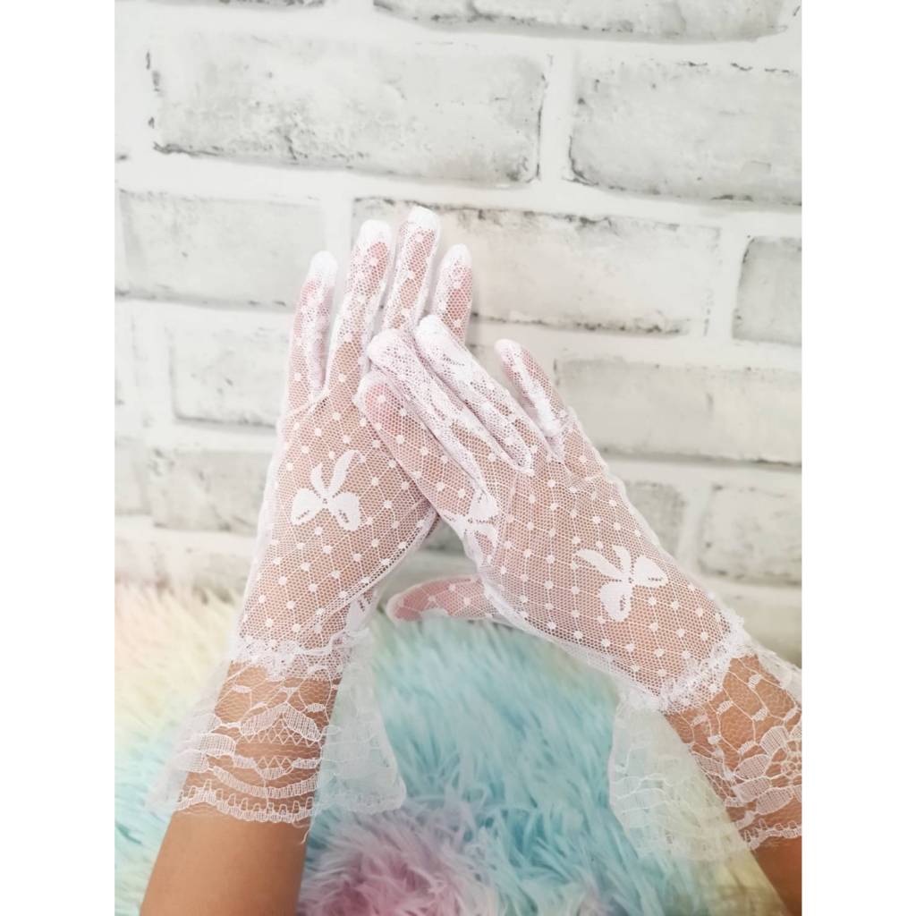Acc17ถุงมือลูกไม้ลายโบว์ ถุงมือสำหรับเด็ก3-12ปี พร้อมส่งจากไทย