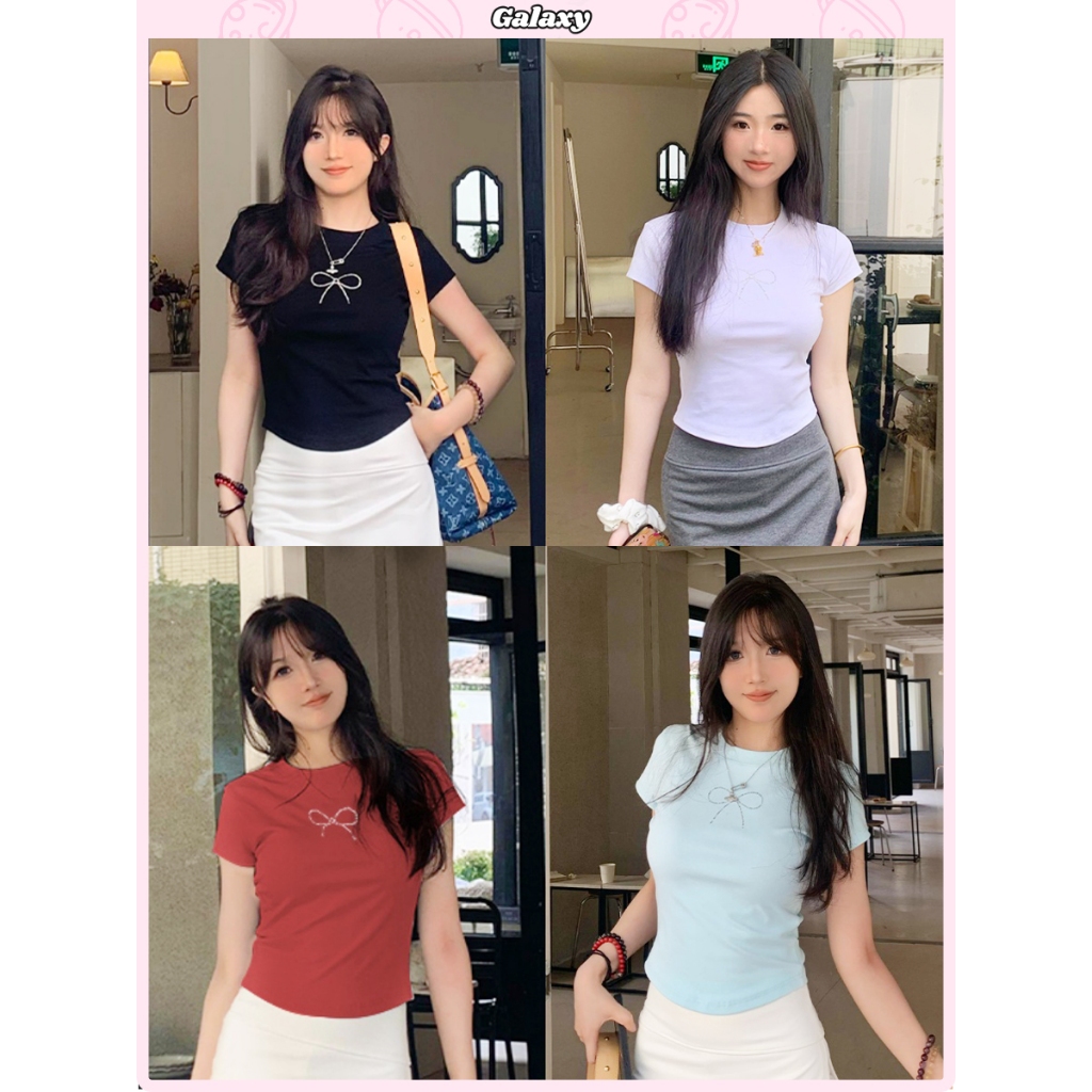 เสื้อยืดผู้หญิง เสื้อครอปโบว์  ประดับเพชร หวานน่ารัก คอกลม ทรงเข้ารูป #020235