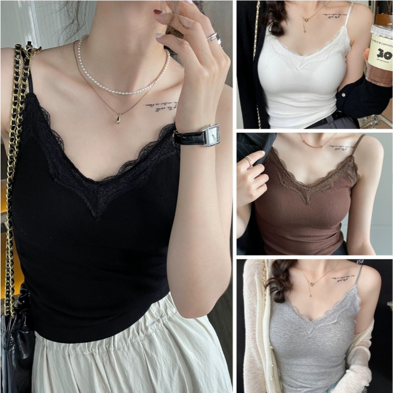 เสื้อสายเดี่ยว แต่งลูกไม้ ผ้ายืดใส่สบาย