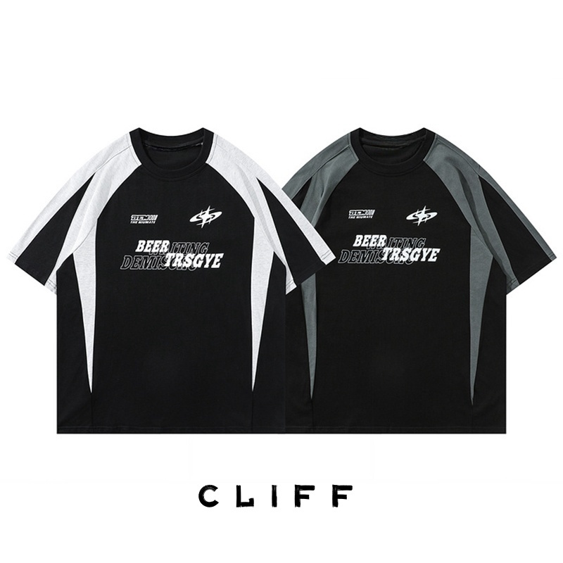 CLIFF เสื้อผู้ชาย ย้อนยุค สีต่อ เสื้อยืดคอกลม พิมพ์ลาย ชุดคู่รัก ลำลอง